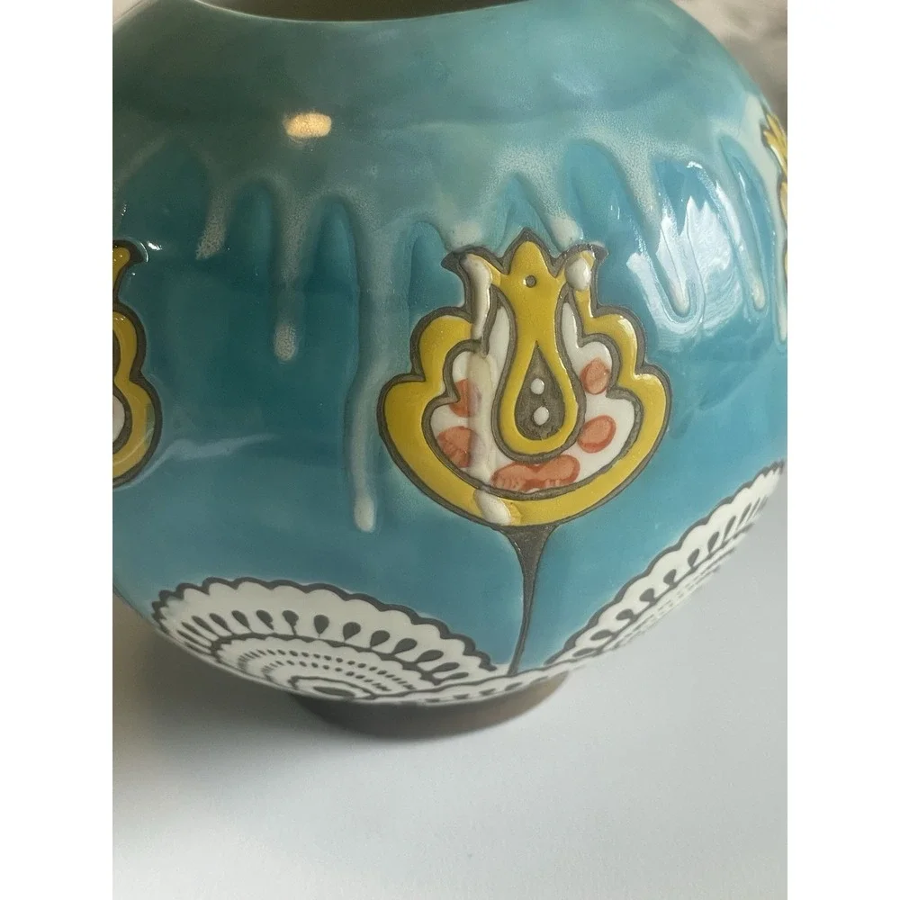 Hand Painted Blue Ceramic Vase Planter Cachepot Bowl Floral Boho Decor 5